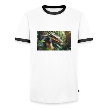 A realistic majestical green dragon is hunting - Men's Ringer Shirt - white/black - Front - AI Model Female 172 light (172cm) & AI Model Male 178 dark (178cm)