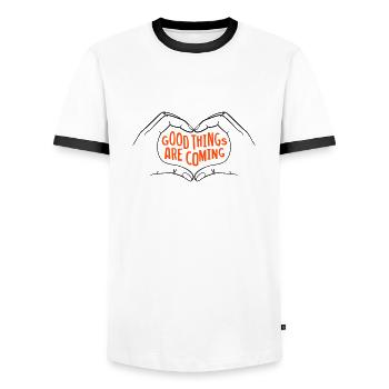 Good Things Are Coming - two-tone - Men's Ringer Shirt - white/black - Front - AI Model Female 172 light (172cm) & AI Model Male 178 dark (178cm)