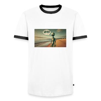Alien sur la plage - T-shirt contrasté Homme - blanc/noir - Devant - AI Model Female 172 light (172cm) & AI Model Male 178 dark (178cm)