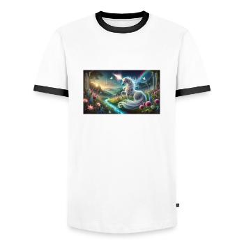 Ein mystisches Einhorn mit leuchtendem Horn - Männer Kontrast-T-Shirt - Weiß/Schwarz - Vorne - AI Model Female 172 light (172cm) & AI Model Male 178 dark (178cm)