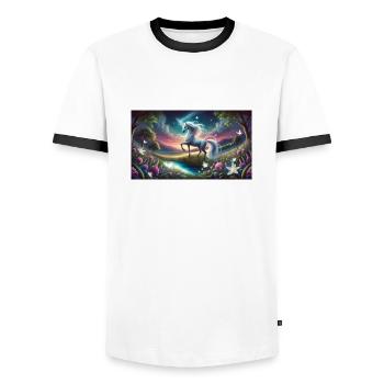 Ein mystisches Einhorn mit Aurora Boreralis - Männer Kontrast-T-Shirt - Weiß/Schwarz - Vorne - AI Model Female 172 light (172cm) & AI Model Male 178 dark (178cm)