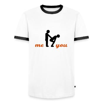 two guys (t) - Men's Ringer Shirt - white/black - Front - AI Model Female 172 light (172cm) & AI Model Male 178 dark (178cm)
