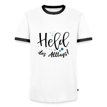 Spruch Held des Alltags für wahre Alltagshelden - Männer Kontrast-T-Shirt - Weiß/Schwarz - Vorne - AI Model Female 172 light (172cm) & AI Model Male 178 dark (178cm)