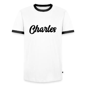 Charles Custom Text Birthday Name - Men's Ringer Shirt - white/black - Front - AI Model Female 172 light (172cm) & AI Model Male 178 dark (178cm)