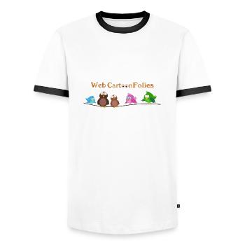 webcartoonfolies - Men's Ringer Shirt - white/black - Front - AI Model Female 172 light (172cm) & AI Model Male 178 dark (178cm)