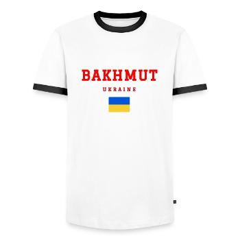 Bakhmut, Ukraine - T-shirt contrasté Homme - blanc/noir - Devant - AI Model Female 172 light (172cm) & AI Model Male 178 dark (178cm)
