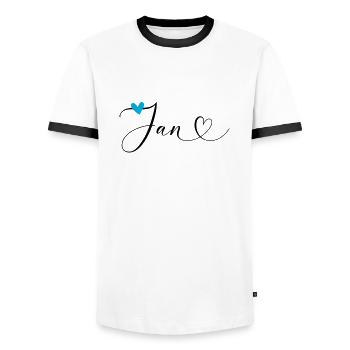 Jan Last name First name Calligraphy heart - Men's Ringer Shirt - white/black - Front - AI Model Female 172 light (172cm) & AI Model Male 178 dark (178cm)