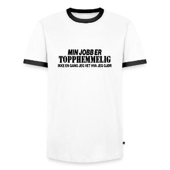 My job is top secret. - Men's Ringer Shirt - white/black - Front - AI Model Female 172 light (172cm) & AI Model Male 178 dark (178cm)