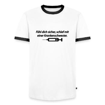 Fühl dich sicher, schlaf mit einer - Männer Kontrast-T-Shirt - Weiß/Schwarz - Vorne - AI Model Female 172 light (172cm) & AI Model Male 178 dark (178cm)