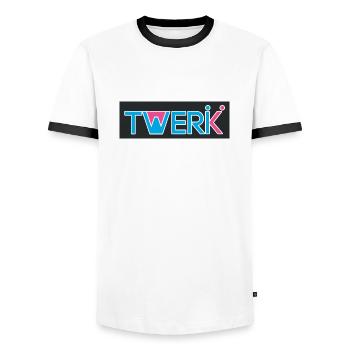 Logo TWERK avec W rempli de Rose - T-shirt contrasté Homme - blanc/noir - Devant - AI Model Female 172 light (172cm) & AI Model Male 178 dark (178cm)
