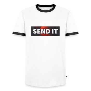 SEND IT Boxlogo - Männer Kontrast-T-Shirt - Weiß/Schwarz - Vorne - AI Model Female 172 light (172cm) & AI Model Male 178 dark (178cm)