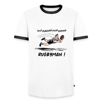 TOUT PLAQUER POUR DEVENIR RUGBYMAN ! (rugby) - T-shirt contrasté Homme - blanc/noir - Devant - AI Model Female 172 light (172cm) & AI Model Male 178 dark (178cm)