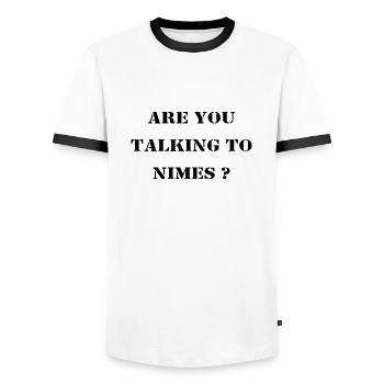 Are you talking to Nîmes ? (noir) - T-shirt contrasté Homme - blanc/noir - Devant - AI Model Female 172 light (172cm) & AI Model Male 178 dark (178cm)