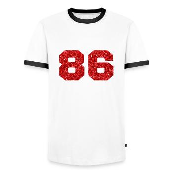 Number 86 Red Glitter - 86th Anniversary - Men's Ringer Shirt - white/black - Front - AI Model Female 172 light (172cm) & AI Model Male 178 dark (178cm)