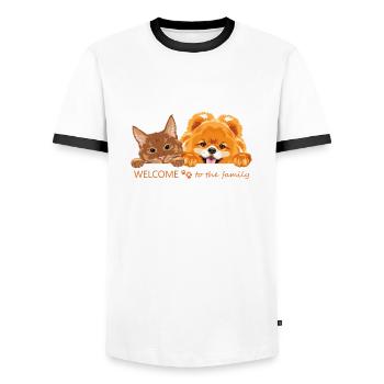 Guckende Ingwerkatze und Zwergspitzer Hund - Männer Kontrast-T-Shirt - Weiß/Schwarz - Vorne - AI Model Female 172 light (172cm) & AI Model Male 178 dark (178cm)