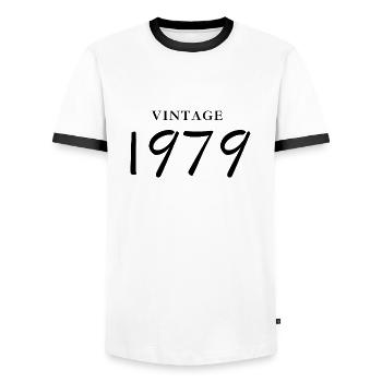 Jahrgang 1979 - Jubiläums-Geschenkidee - Männer Kontrast-T-Shirt - Weiß/Schwarz - Vorne - AI Model Female 172 light (172cm) & AI Model Male 178 dark (178cm)