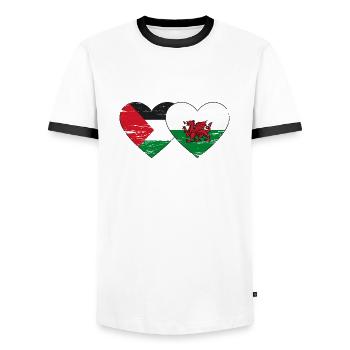 Drapeau de la Palestine Pays de Galles coeur utilisé - T-shirt contrasté Homme - blanc/noir - Devant - AI Model Female 172 light (172cm) & AI Model Male 178 dark (178cm)