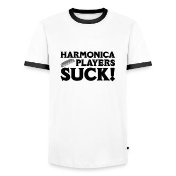 Harmonica Players Suck! - Männer Kontrast-T-Shirt - Weiß/Schwarz - Vorne - AI Model Female 172 light (172cm) & AI Model Male 178 dark (178cm)