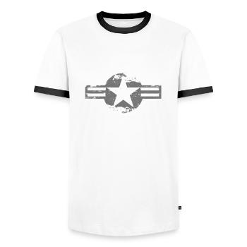 US Air Force Logo im Vintage Look - orig Tarnfarbe - Männer Kontrast-T-Shirt - Weiß/Schwarz - Vorne - AI Model Female 172 light (172cm) & AI Model Male 178 dark (178cm)