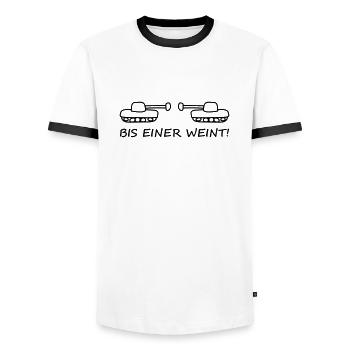 bis_einer_weint_panzer_1c - Männer Kontrast-T-Shirt - Weiß/Schwarz - Vorne - AI Model Female 172 light (172cm) & AI Model Male 178 dark (178cm)