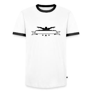 banner text schreiben wettkampf schwimmen schwimme - Männer Kontrast-T-Shirt - Weiß/Schwarz - Vorne - AI Model Female 172 light (172cm) & AI Model Male 178 dark (178cm)