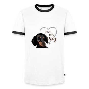 Dachshund – I love dogs - Men's Ringer Shirt - white/black - Front - AI Model Female 172 light (172cm) & AI Model Male 178 dark (178cm)