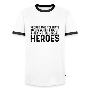 Les gens qui me tolèrent tous les jours, ce sont les héros - T-shirt contrasté Homme - blanc/noir - Devant - AI Model Female 172 light (172cm) & AI Model Male 178 dark (178cm)