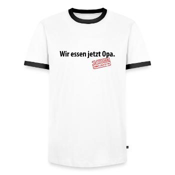 Wir essen jetzt Opa Satzzeichen Leben retten Komma - Männer Kontrast-T-Shirt - Weiß/Schwarz - Vorne - AI Model Female 172 light (172cm) & AI Model Male 178 dark (178cm)