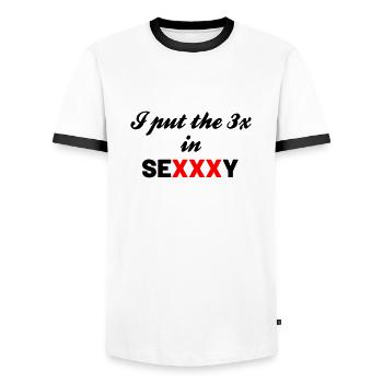 I put the 3 X in Sexxxy - Men's Ringer Shirt - white/black - Front - AI Model Female 172 light (172cm) & AI Model Male 178 dark (178cm)