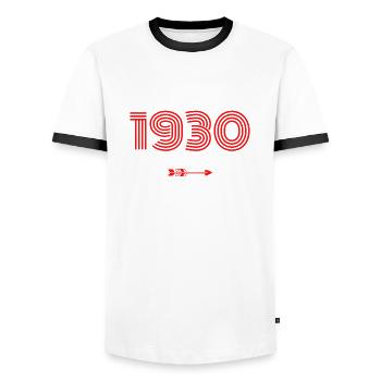 Jahrgang 1930 - Männer Kontrast-T-Shirt - Weiß/Schwarz - Vorne - AI Model Female 172 light (172cm) & AI Model Male 178 dark (178cm)
