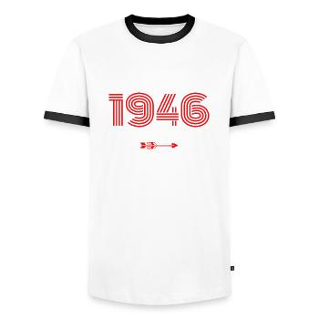Né en 1946 - T-shirt contrasté Homme - blanc/noir - Devant - AI Model Female 172 light (172cm) & AI Model Male 178 dark (178cm)
