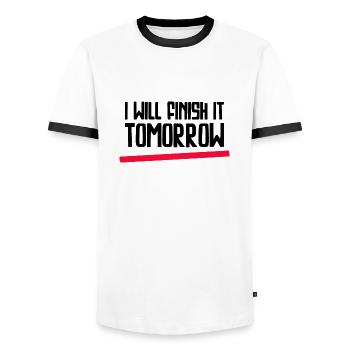 Drôle de design « Je le terminerai demain » - T-shirt contrasté Homme - blanc/noir - Devant - AI Model Female 172 light (172cm) & AI Model Male 178 dark (178cm)