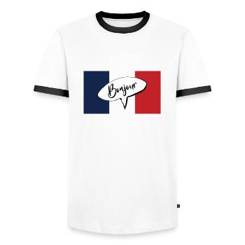Bonjour French expression for hello with France - Men's Ringer Shirt - white/black - Front - AI Model Female 172 light (172cm) & AI Model Male 178 dark (178cm)