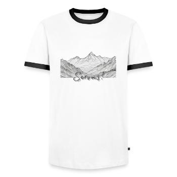 Servus, Bayrischer Gruß vor Bergpanorama - Männer Kontrast-T-Shirt - Weiß/Schwarz - Vorne - AI Model Female 172 light (172cm) & AI Model Male 178 dark (178cm)