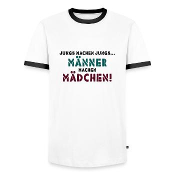 JUNGS MACHEN JUNGS - Männer Kontrast-T-Shirt - Weiß/Schwarz - Vorne - AI Model Female 172 light (172cm) & AI Model Male 178 dark (178cm)