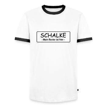 Schalke - Mein Revier ist hier - Männer Kontrast-T-Shirt - Weiß/Schwarz - Vorne - AI Model Female 172 light (172cm) & AI Model Male 178 dark (178cm)