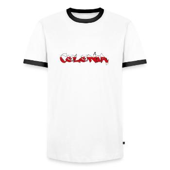 "Colonia" rouge-blanc [MARSNEVENEKSK] - T-shirt contrasté Homme - blanc/noir - Devant - AI Model Female 172 light (172cm) & AI Model Male 178 dark (178cm)