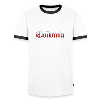 "Colonia" Rot-Weiss [Old English Text MT] - Männer Kontrast-T-Shirt - Weiß/Schwarz - Vorne - AI Model Female 172 light (172cm) & AI Model Male 178 dark (178cm)