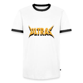 Ultras - Stachelmotiv - Schwarz Gelb - Männer Kontrast-T-Shirt - Weiß/Schwarz - Vorne - AI Model Female 172 light (172cm) & AI Model Male 178 dark (178cm)
