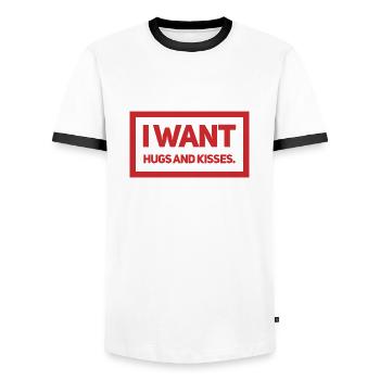 JE VEUX DES CÂLINS ET DES BAISERS. Design mignon et cool. Nouveau - T-shirt contrasté Homme - blanc/noir - Devant - AI Model Female 172 light (172cm) & AI Model Male 178 dark (178cm)