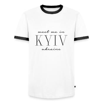 Meet me in Kiev Ukraine - Kyiv - Men's Ringer Shirt - white/black - Front - AI Model Female 172 light (172cm) & AI Model Male 178 dark (178cm)