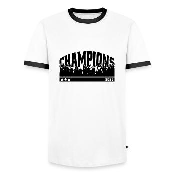 Champions 2023 - Männer Kontrast-T-Shirt - Weiß/Schwarz - Vorne - AI Model Female 172 light (172cm) & AI Model Male 178 dark (178cm)