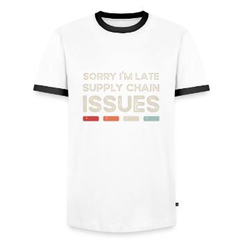 Sorry I'm Late. Supply Chain Issues - Männer Kontrast-T-Shirt - Weiß/Schwarz - Vorne - AI Model Female 172 light (172cm) & AI Model Male 178 dark (178cm)