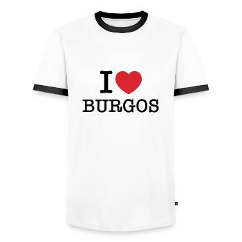 J’aime Burgos | Burgos | J’ai le cœur de Burgos | Espagne - T-shirt contrasté Homme - blanc/noir - Devant - AI Model Female 172 light (172cm) & AI Model Male 178 dark (178cm)