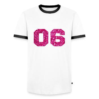 Number 6 Pink Glitter - 6th Anniversary - Men's Ringer Shirt - white/black - Front - AI Model Female 172 light (172cm) & AI Model Male 178 dark (178cm)