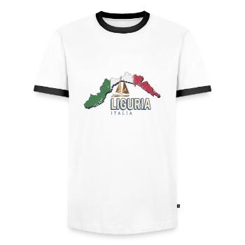 Liguria Italy Retro Region Map Vintage Souvenir - Men's Ringer Shirt - white/black - Front - AI Model Female 172 light (172cm) & AI Model Male 178 dark (178cm)