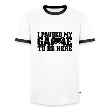 I paused my game to be here - Men's Ringer Shirt - white/black - Front - AI Model Female 172 light (172cm) & AI Model Male 178 dark (178cm)