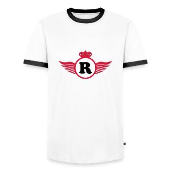 r_logo_f2 - Men's Ringer Shirt - white/black - Front - AI Model Female 172 light (172cm) & AI Model Male 178 dark (178cm)