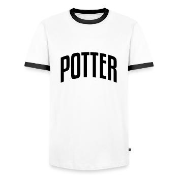 potter stylish arched text logo copy - Men's Ringer Shirt - white/black - Front - AI Model Female 172 light (172cm) & AI Model Male 178 dark (178cm)