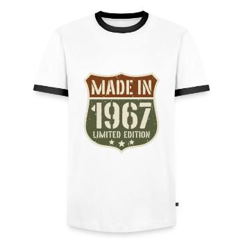 1967 Born Birthday Year of birth 1967 Gift - Men's Ringer Shirt - white/black - Front - AI Model Female 172 light (172cm) & AI Model Male 178 dark (178cm)